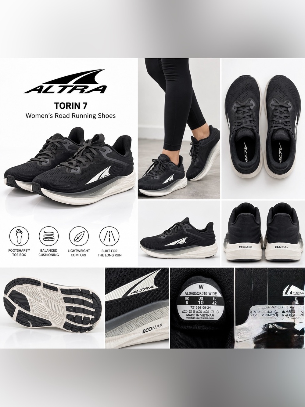Altra Torin 7 Women's Black with White Midsole Running Shoes size 10